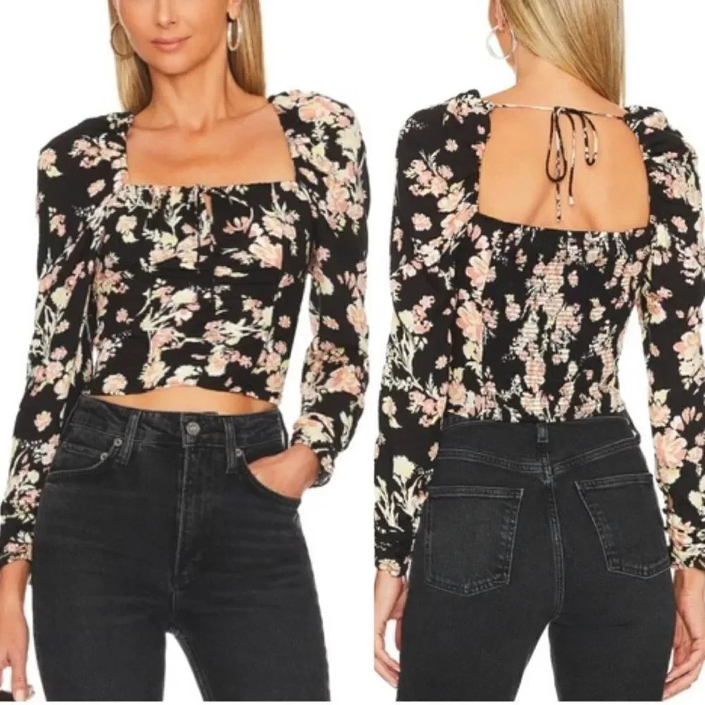 NEW Free People Hilary Printed Keyhole Top Black Combo